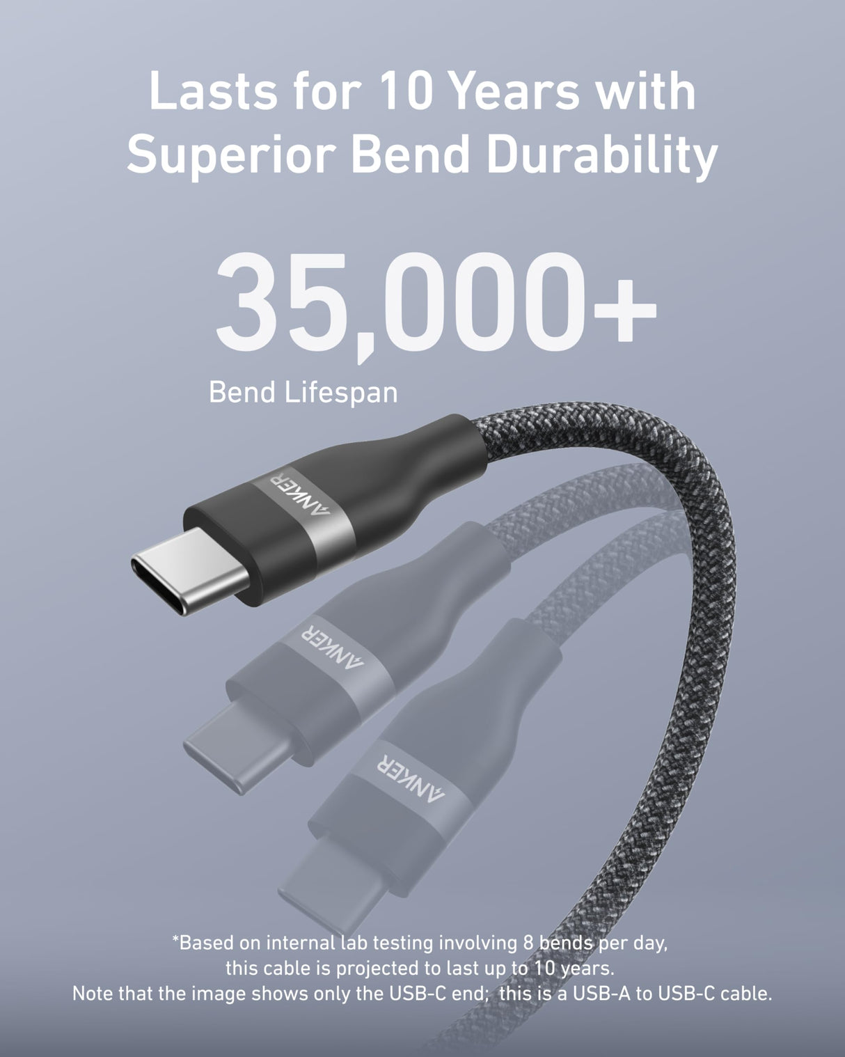Black Anker USB-A to USB-C braided cable, 3-foot length, showing durable, upcycled design with reinforced connectors.