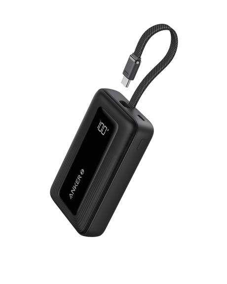 Anker Zolo 10,000mAh power bank with 30W output and built-in 5.4-inch USB-C cable, black portable charging device.