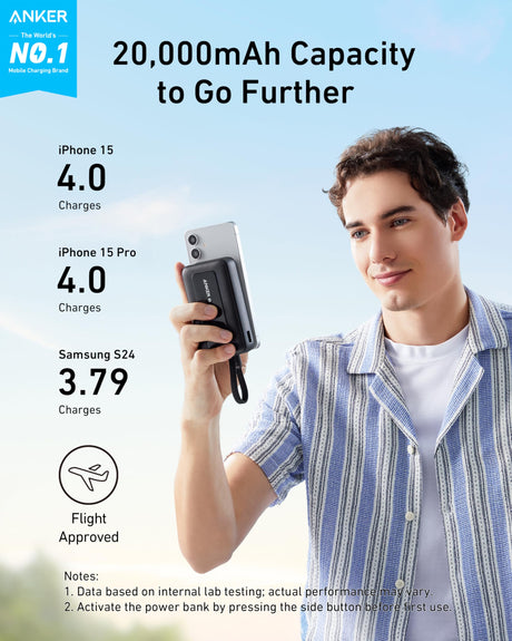 Anker Zolo 10K 30W power bank in black with built-in 5.4-inch USB-C cable and 20,000mAh capacity.