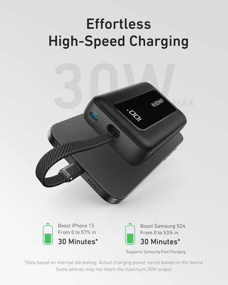 Black Anker Zolo 10,000mAh power bank with 30W output and built-in 5.4-inch USB-C cable, compact portable charger.