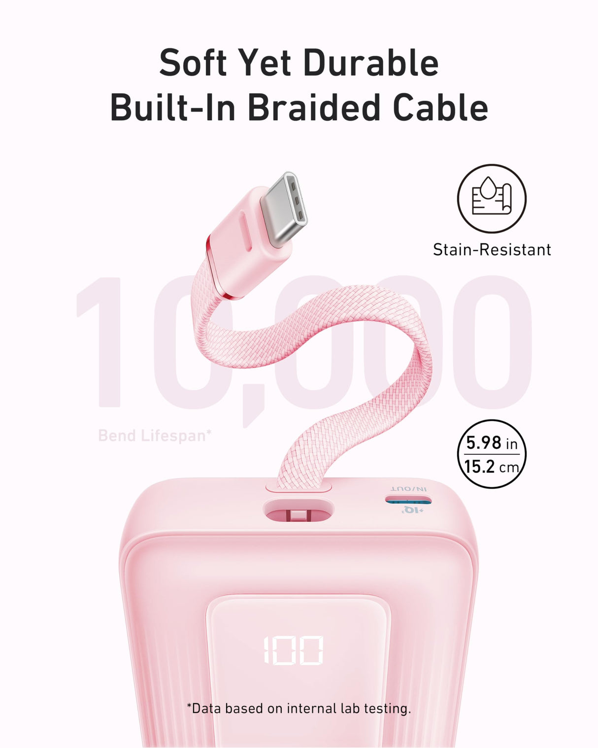 Anker Zolo 10,000mAh power bank with 30W output and built-in 5.4-inch USB-C cable in black, portable mobile charging device.