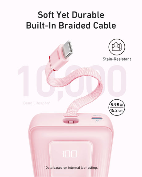 Anker Zolo 10,000mAh power bank with 30W output and built-in 5.4-inch USB-C cable in black, portable mobile charging device.