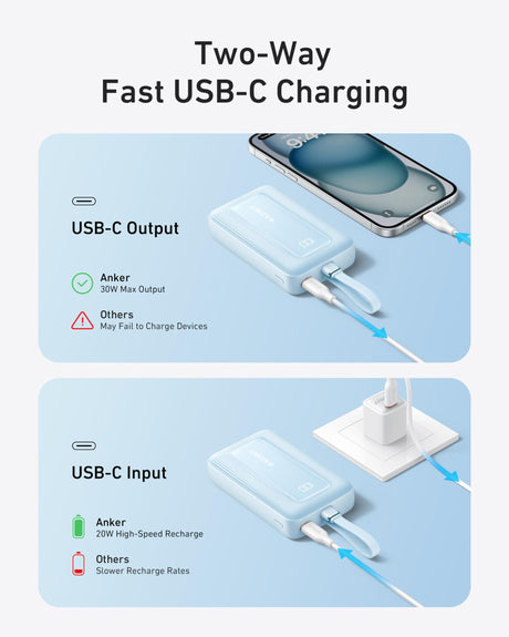 Anker Zolo Power Bank with 10,000mAh capacity and 30W output, featuring a built-in 5.4-inch USB-C cable in black.