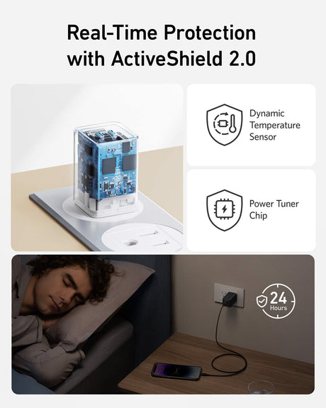 Blue Anker 523 Nano 3 47W charger with compact design and USB-C port, shown on a neutral background.
