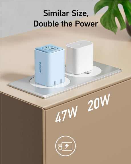 Blue Anker 523 Nano 3 47W charger with compact design and USB-C port, suitable for fast device charging.