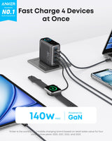 Anker 140W 4-port USB-C charger with power delivery and a dark gray USB-C cable, designed for fast device charging.