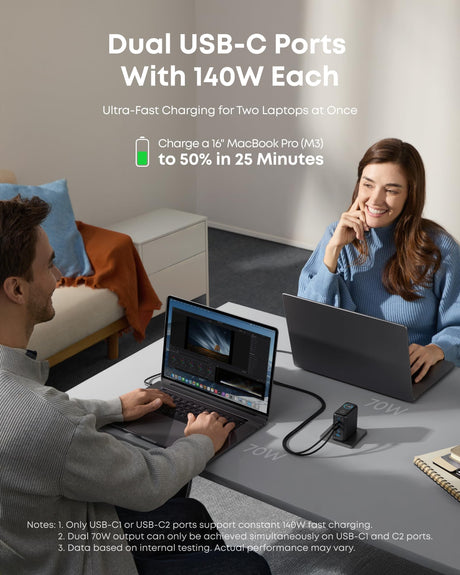 Anker 140W 4-port USB-C charger with PD 3.1 and matching dark gray USB-C cable, showcasing multiple charging ports and sleek design.