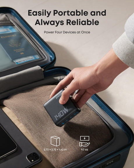 Anker 140W 4-port USB-C charger with PD 3.1 and a dark gray USB-C cable connected, compact and versatile for multiple devices.