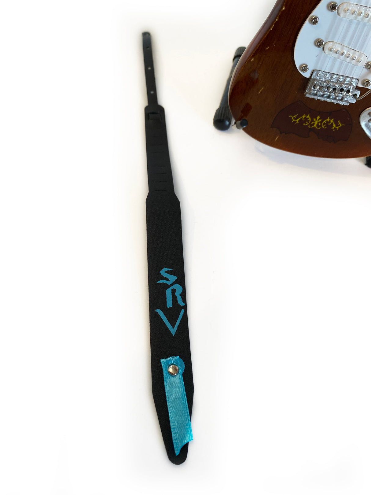 Stevie Ray Vaughan Mini Guitar Strap - Aqua Blue SRV Black Strap - AXE HEAVEN®