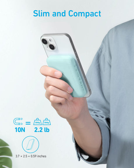 Green Anker MagGo Battery PowerCore Magnetic 5K portable charger for magnetic charging compatibility.
