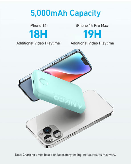 Green Anker 321 MagGo Battery PowerCore Magnetic 5K portable charger with magnetic attachment for convenient charging.