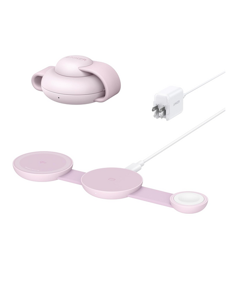 Anker MagGo 3-in-1 wireless charging station with foldable pad for phone, smartwatch, and earbuds, shown in a group setting.