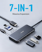 Anker 341 USB-C Hub with 7 ports for charging, featuring multiple USB-C and USB-A connections on a sleek black device.