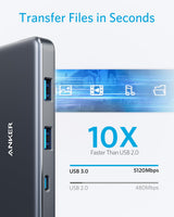 Anker 341 USB-C Hub with multiple ports, designed for charging and connectivity, shown with connected cables on a clean workspace.