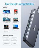 Anker 341 USB-C Hub with multiple ports for charging, showing its compact design and various port options on a clean background.