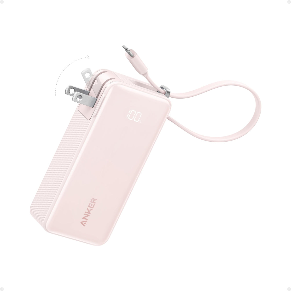 Pink Anker Power Bank 10K Fusion with built-in cable, portable rechargeable battery for charging devices on the go.