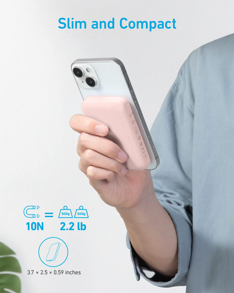 Pink Anker 321 MagGo Battery PowerCore Magnetic 5K portable charger with magnetic attachment for easy charging.