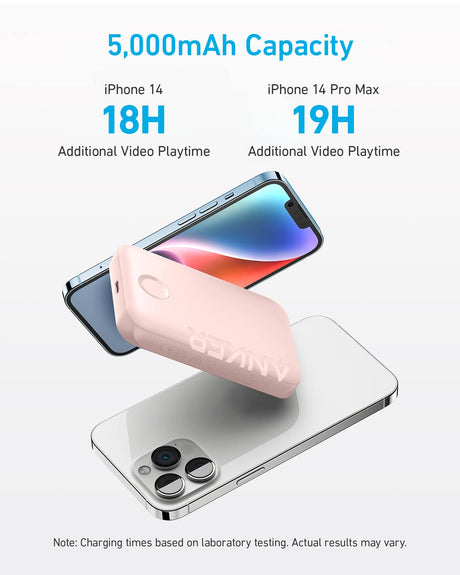 Pink Anker 321 MagGo PowerCore Magnetic 5K portable battery, compact charging device with magnetic attachment for smartphones.
