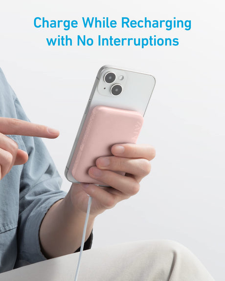 Pink Anker 321 MagGo PowerCore Magnetic 5K battery for charging with magnetic attachment, compact portable power bank.