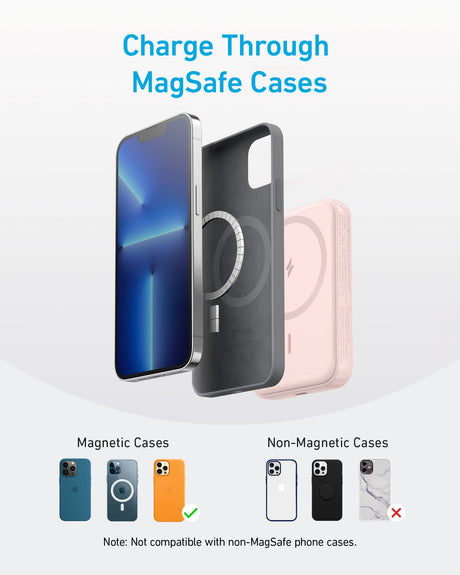 Pink Anker 321 MagGo PowerCore Magnetic 5K portable charging battery with magnetic attachment.