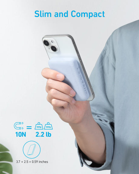 Anker 321 MagGo Battery PowerCore Magnetic 5K in purple, compact portable charging device for smartphones and compatible devices.