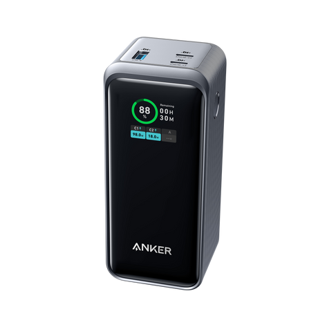 Anker Prime 20K 200W power bank for charging devices, showing a sleek rectangular portable power bank with multiple ports.