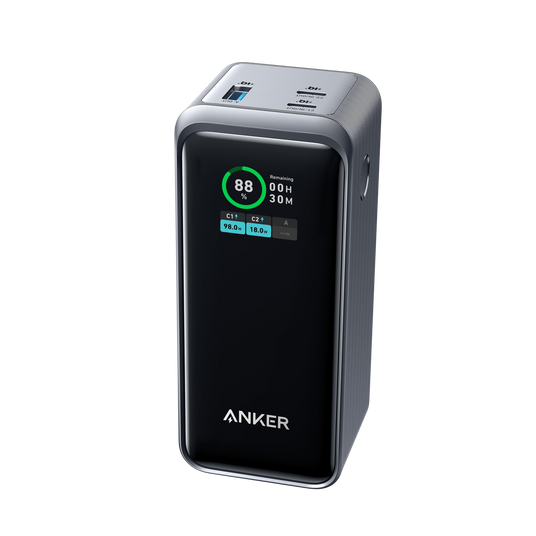 Anker Prime 20K 200W power bank for charging devices, showing a sleek rectangular portable power bank with multiple ports.