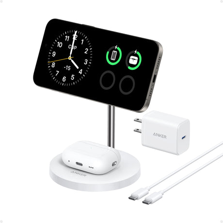 Anker MagGo 2-in-1 wireless charger stand with white finish, designed for fast charging smartphones and compatible devices.