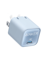 Anker Nano 30W USB-C charger in misty blue, compact design for fast charging smartphones and devices.