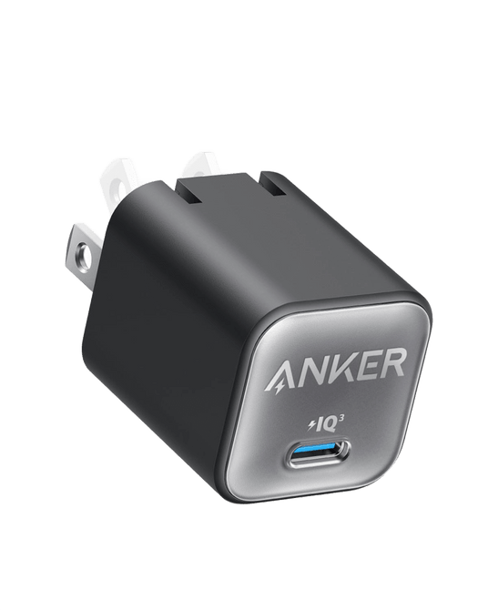Anker Nano 30W charger in black, compact charging device with USB-C port for fast charging.