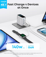 Silver Anker 140W 4-port USB-C charger with PD 3.1 and included USB-C cable, designed for fast device charging.