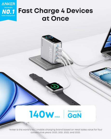 Silver Anker 140W 4-port USB-C charger with PD 3.1 and included USB-C cable, designed for fast device charging.