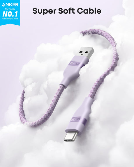 Violet Anker USB-A to USB-C braided cable, 3-foot length, durable upcycled design, perfect for fast device charging and data transfer.