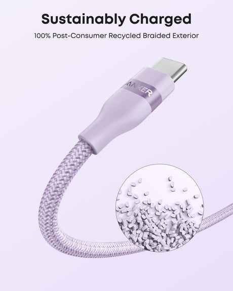 Violet Anker USB-A to USB-C braided cable, 3-foot length, durable upcycled design, compatible for fast charging and data transfer