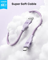 Violet Anker 6-foot upcycled braided USB-A to USB-C charging cable on white background