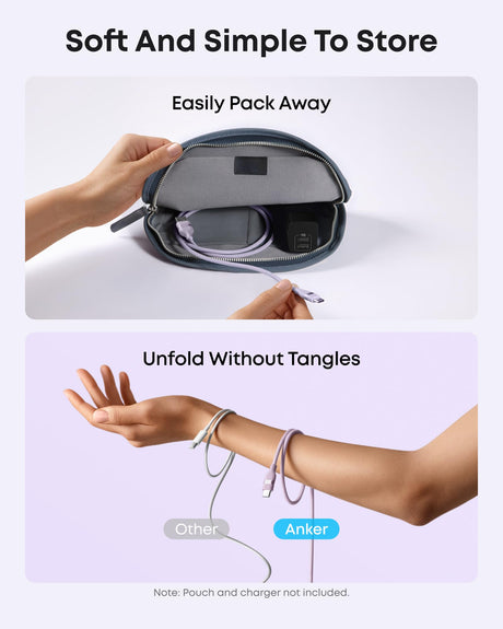 Violet Anker USB-A to USB-C braided cable, 6 feet long, showing durable upcycled design and reinforced connectors.