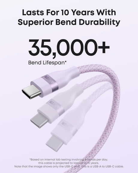 Violet Anker 6ft upcycled-braided USB-A to USB-C cable, durable and flexible for fast device charging and data transfer.
