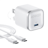 White Anker Nano 45W charger with USB-C to USB-C cable, compact fast-charging power adapter for smartphones and devices