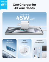 White Anker Nano 45W charger with USB-C to USB-C cable, compact fast-charging power adapter for smartphones and devices.