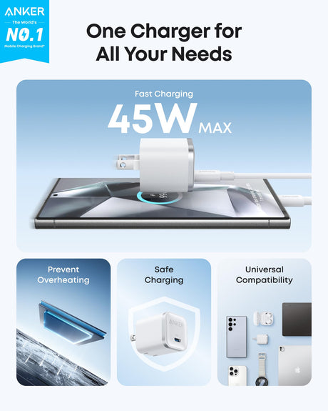 White Anker Nano 45W charger with USB-C to USB-C cable, compact fast-charging power adapter for smartphones and devices.