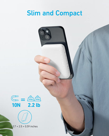 Anker MagGo PowerCore Magnetic 5K white portable battery with magnetic charging connector for on-the-go power.