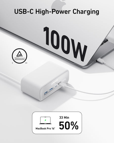 Anker 7-in-1 USB-C charging station in white with multiple ports, including USB-C and USB-A, for versatile device charging.