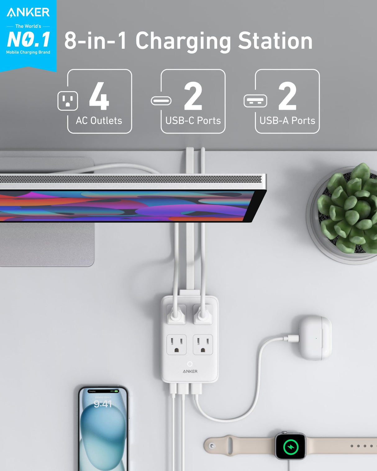 White Anker 8-in-1 charging station with 20W power, featuring multiple USB ports and a sleek design for versatile device charging.