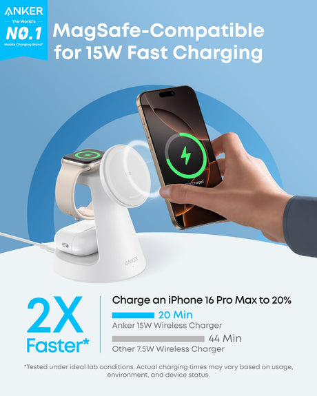 Anker MagGo wireless charging station 3-in-1 dock stand in white with space for phone, Apple Watch, and AirPods.