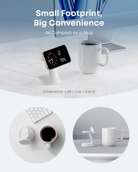 Anker MagGo 3-in-1 wireless charging station with white dock stand for iPhone, Apple Watch, and AirPods, showing charging devices.