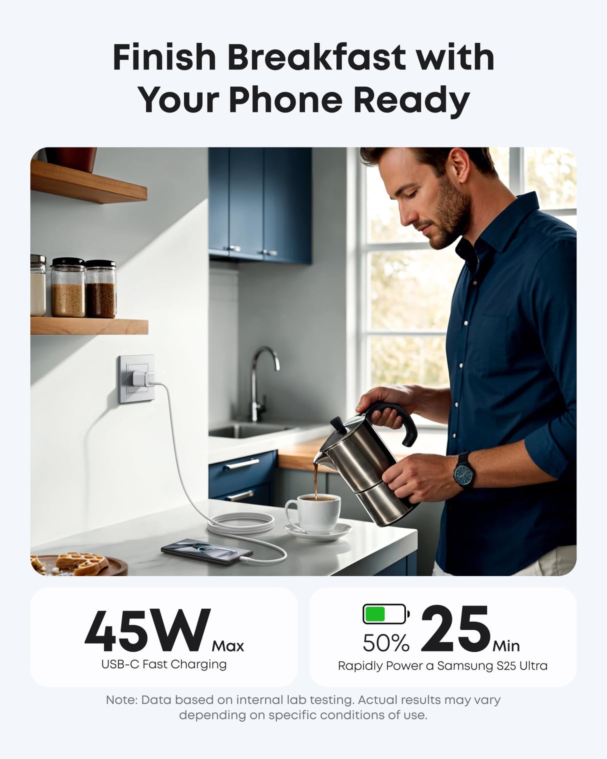 White Anker Nano 45W charger with USB-C to USB-C cable, compact and portable charging device for smartphones and devices