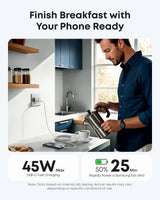 White Anker Nano 45W charger with USB-C to USB-C cable, compact and portable charging device for smartphones and devices
