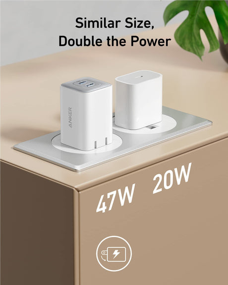 White Anker 523 Nano 3 47W charger with compact design and USB-C port for fast device charging.
