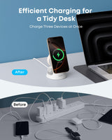 Anker MagGo 3-in-1 wireless charging station with white dock stand for iPhone, Apple Watch, and AirPods.