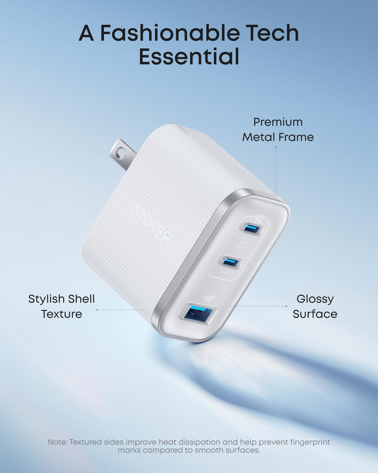 White Anker Nano Charger with 70W power and three USB ports, compact design for fast charging multiple devices.